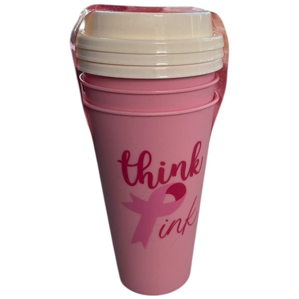 Set of 3 Reusable tumblers w/ lids breast cancer Think Pink BPA free NEW